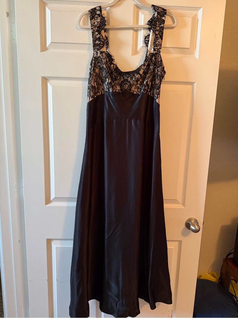Maeve Black Satin Midi Dress with Ivory Lace Bodice - Picture 2 of 3